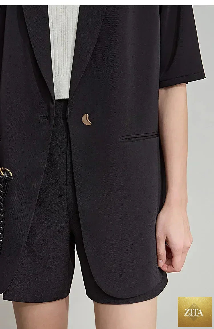 Femstylo Amii Women's Summer Blazer with notched lapel, contrast patchwork, short sleeves, and one button for a minimalist style.