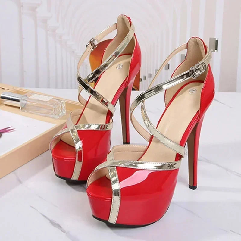 LadyShow.Store women's luxury high heels sandals with peep toe, buckle strap, platform, and hollow out design, size 46.