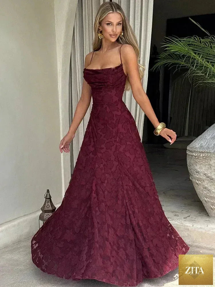 Femstylo women's backless spaghetti strap maxi dress with lace-up design, off-shoulder style, perfect for evening or party occasions.