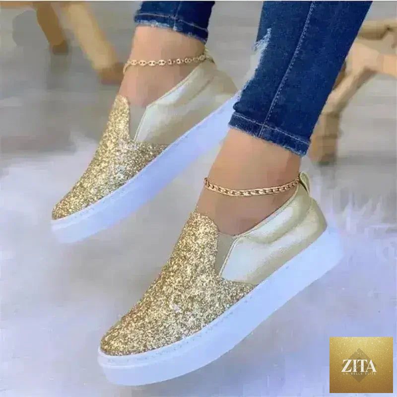 Femstylo glitter moccasin loafers for women in rose gold, black, and gold styles, showcasing shiny, stylish slip-on sneakers.