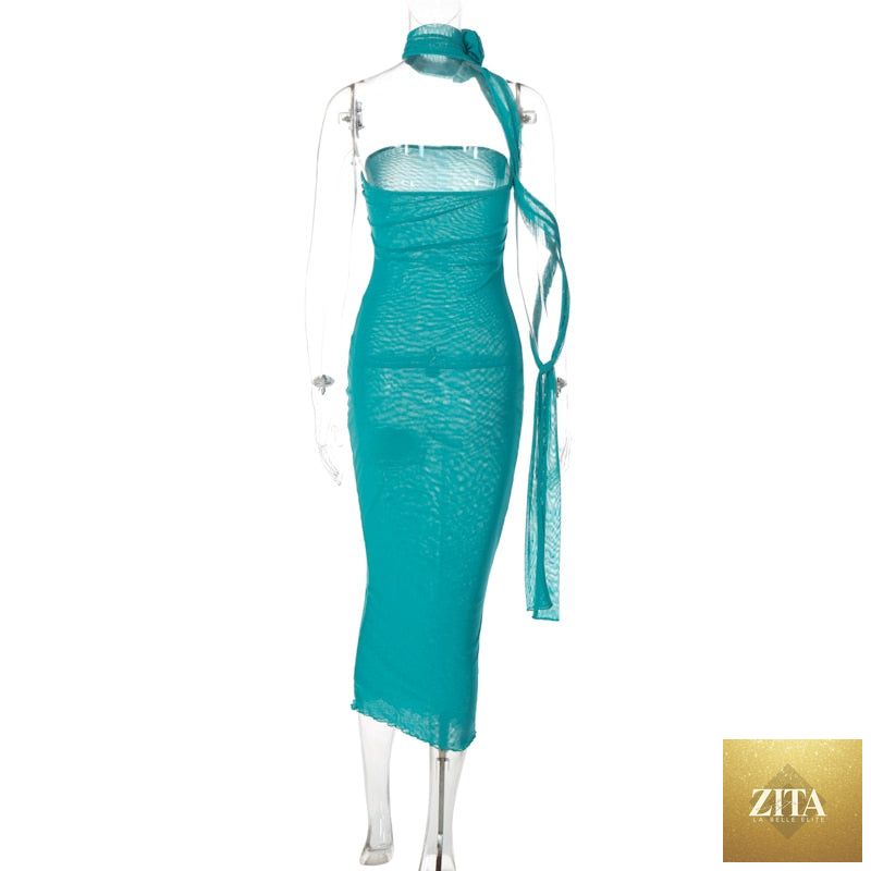 Mesh Flower Scarf Strapless Solid Elegant Sexy Bodycon Midi Prom Dress