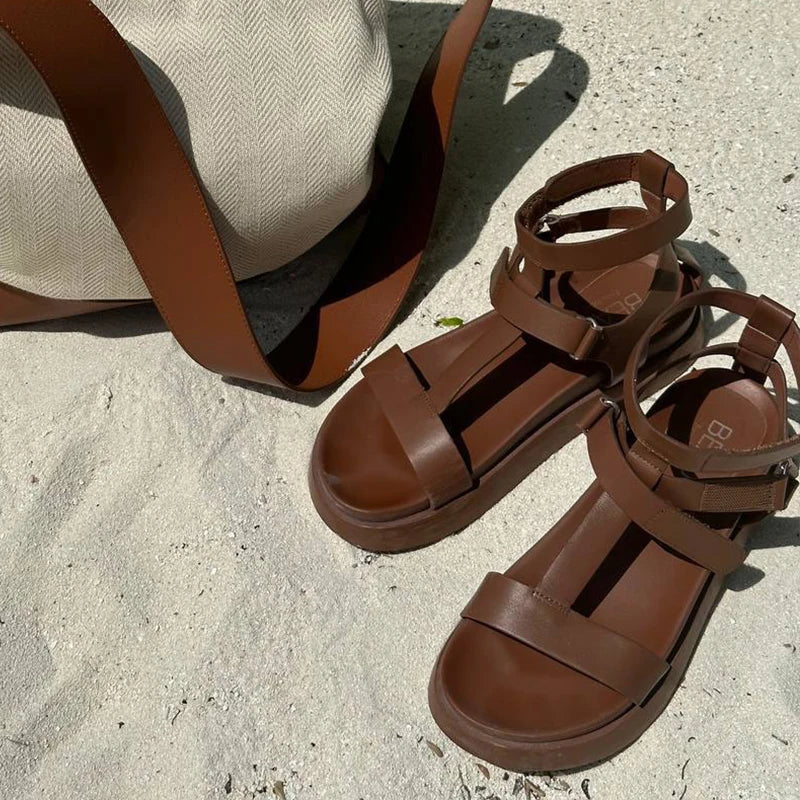 BeauToday Summer Gladiator Sandals Women Calfskin Leather Open Toe T-bar Strap Hook & Loop Summer Ladies Shoes Handmade 07130