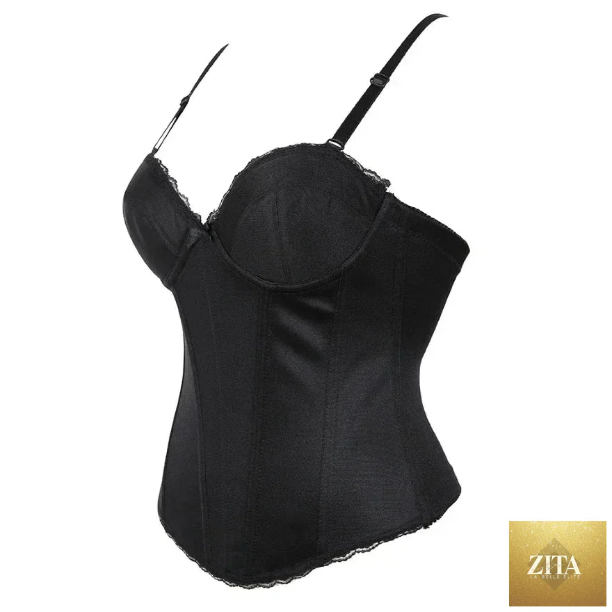 Black and white Femstylo overbust corset top with adjustable straps, cotton body shaper lingerie underwear, ideal for wedding or special occasions.