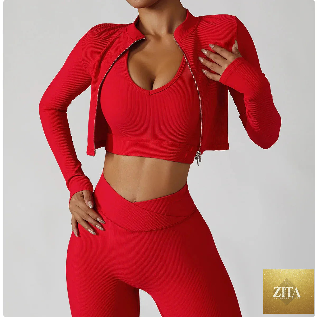 FitiqueFit 3-piece seamless yoga set with jacket, sports bra, and leggings, designed for comfortable activewear and flexible movement.