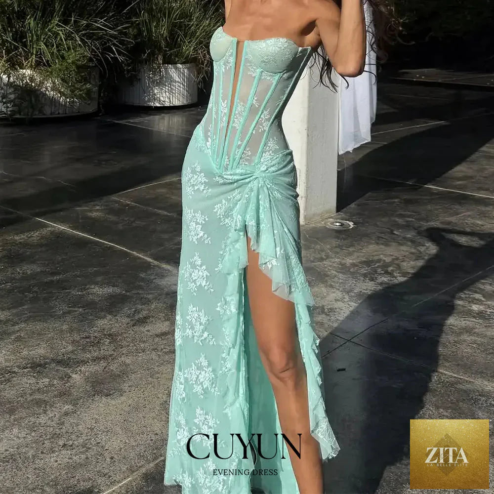 Elegant custom FLIPSTYLEZLLC lace prom dress with high slit, corset back, long floor-length design, perfect for summer evening events.