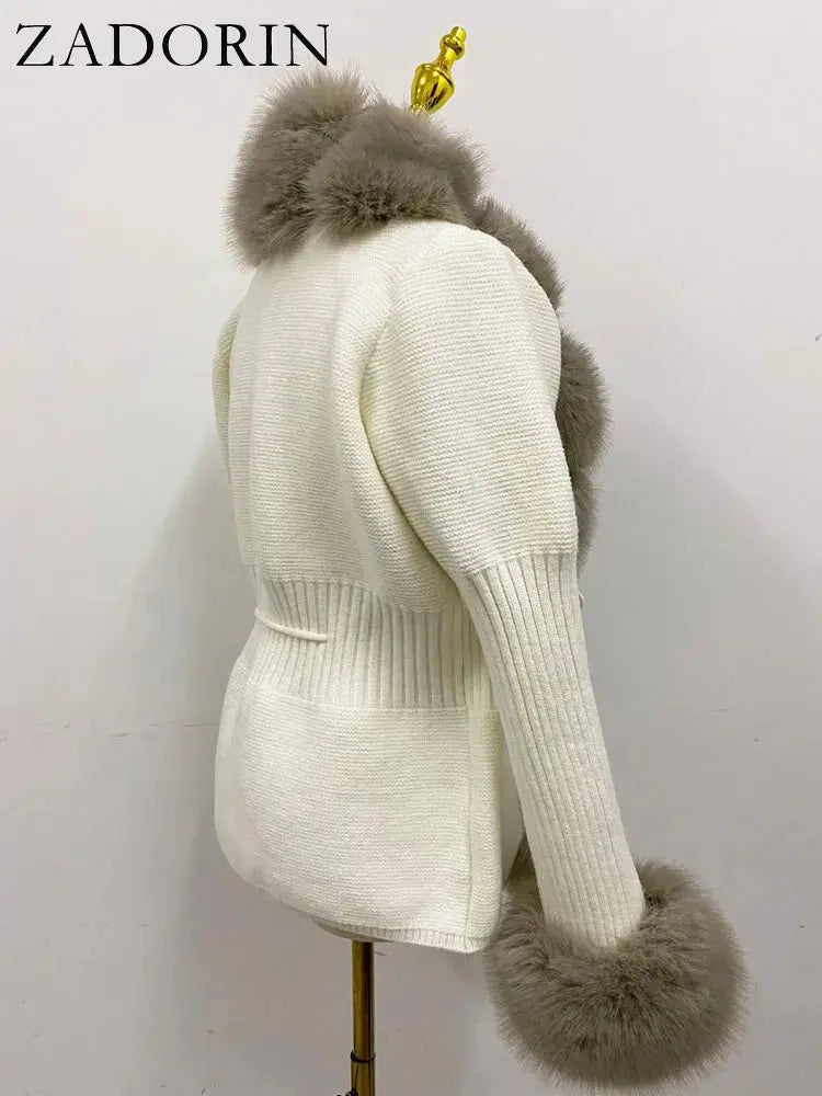 ZADORIN Fall Winter Women Faux Fur Coat Luxury Knitted Sweater Fur Cardigan Detachable Collar White Pink Jacket Faux Fur Coats ZITA LA BELLE ÉLITE