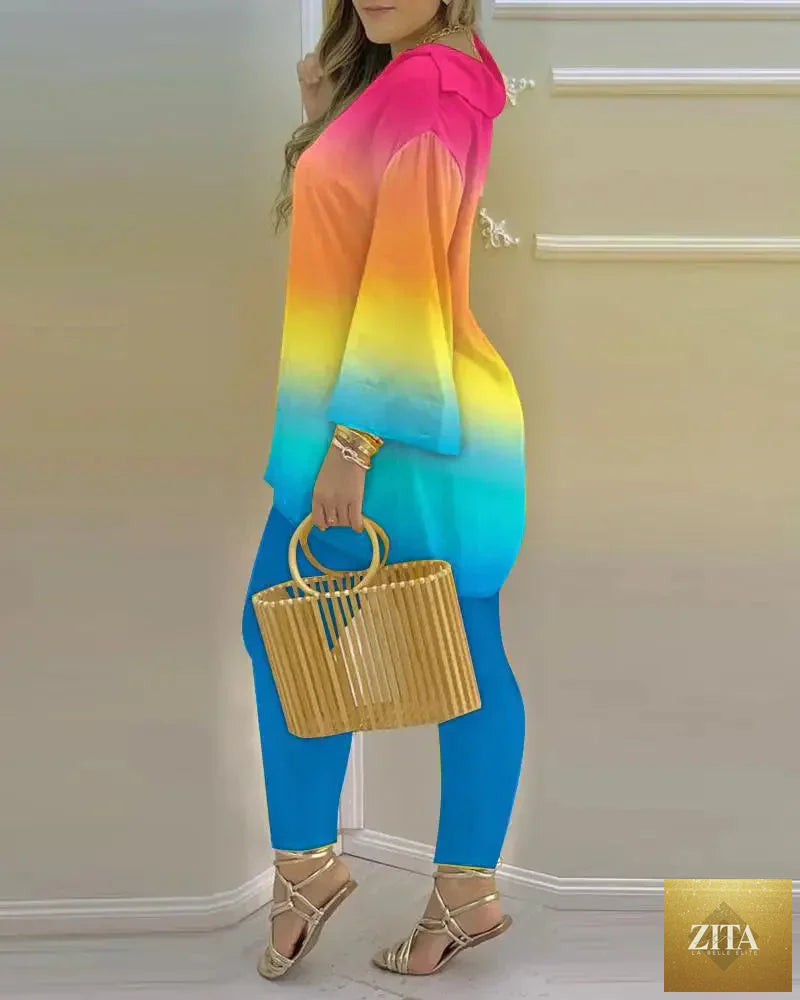 Women’s long sleeve V-neck polyester two-piece set with printed design, stylish and comfortable fashion ensemble.