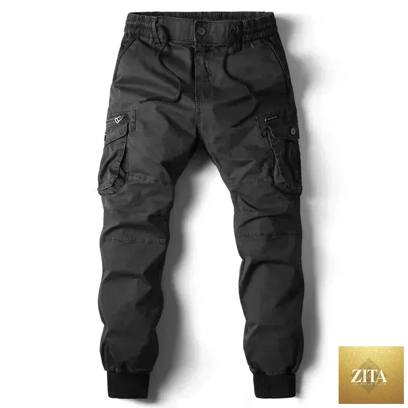 Mandotos men's gray cargo pants made of cotton, full-length tactical military-style trousers with multiple pockets.