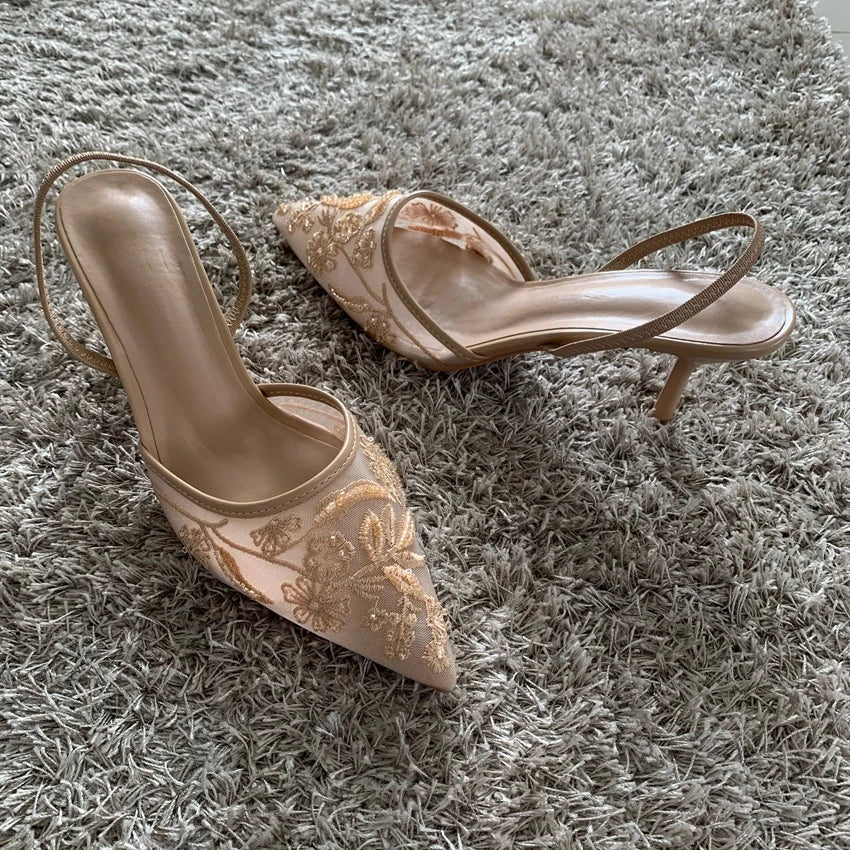Mesh Embroidered Fashion Sandals Women String Bead High Heels Mules Shoes Pointed Toe Slingback Slippers Women Zapatos De Mujer
