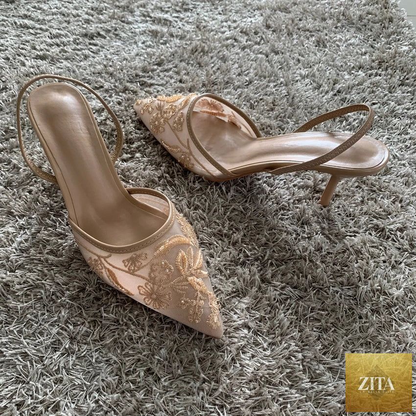 LadyShow.Mesh embroidered fashion sandals for women with high heels, pointed toe, slingback style, and beaded detailing.