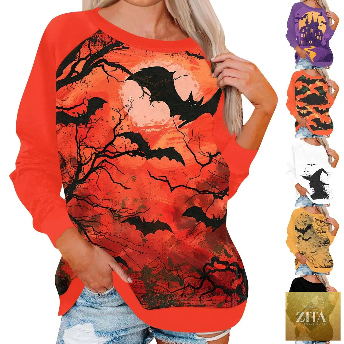 Vintage pumpkin print long sleeve T-shirt by Zita La Belle Elite featuring Halloween-themed graphic for streetwear style.