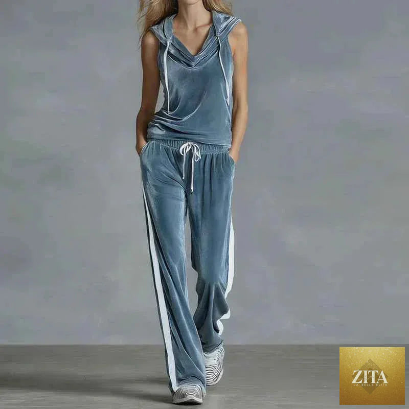 Women’s velvet summer casual activewear set by THRIXINE, featuring a comfortable tracksuit with a relaxed fit and stylish design.
