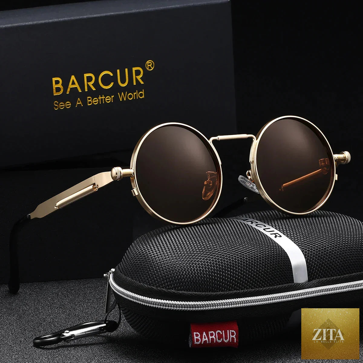 Stevvex BARCUR polarized round steampunk sunglasses with stainless steel frame, UV400 protection, spring hinges, vintage style for men and women