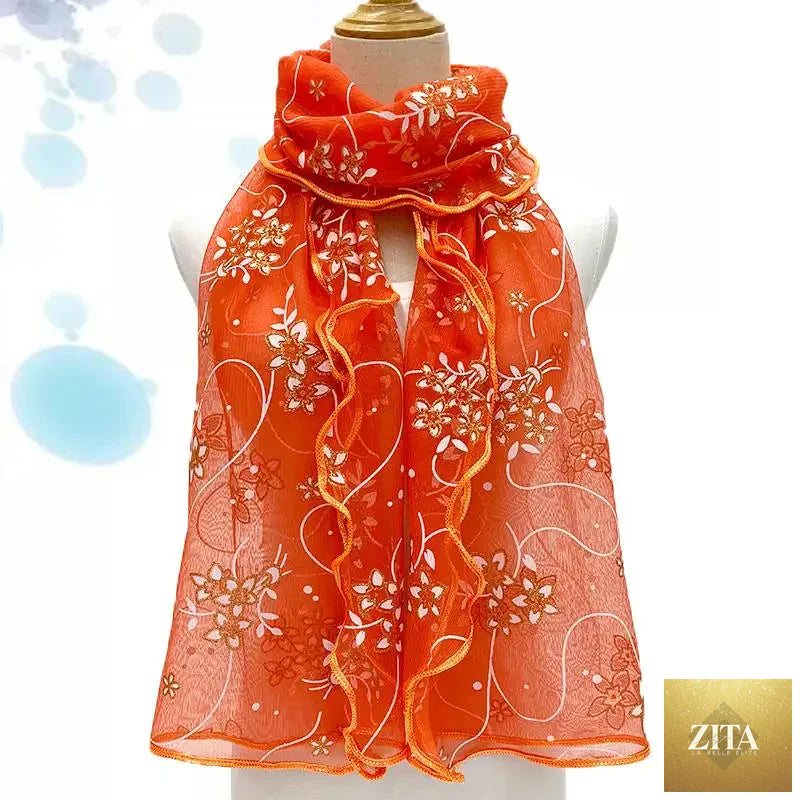 Lightweight silk women’s lace scarf with elegant print, versatile neckerchief or shawl wrap featuring intricate lace details and vibrant design.