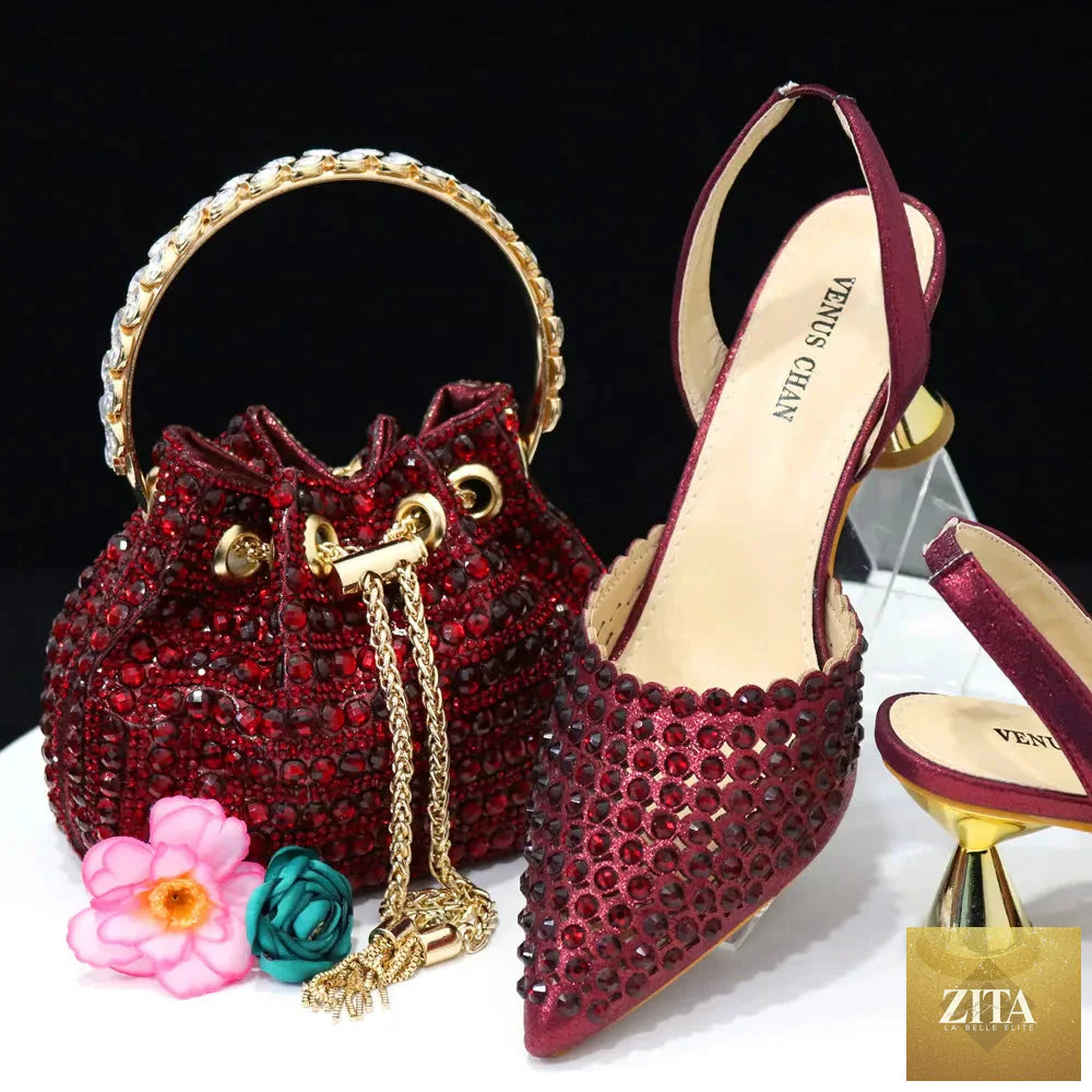 Elegant diamond design shoes and matching bag set by EdleessFashion, showcasing luxurious footwear and accessories.