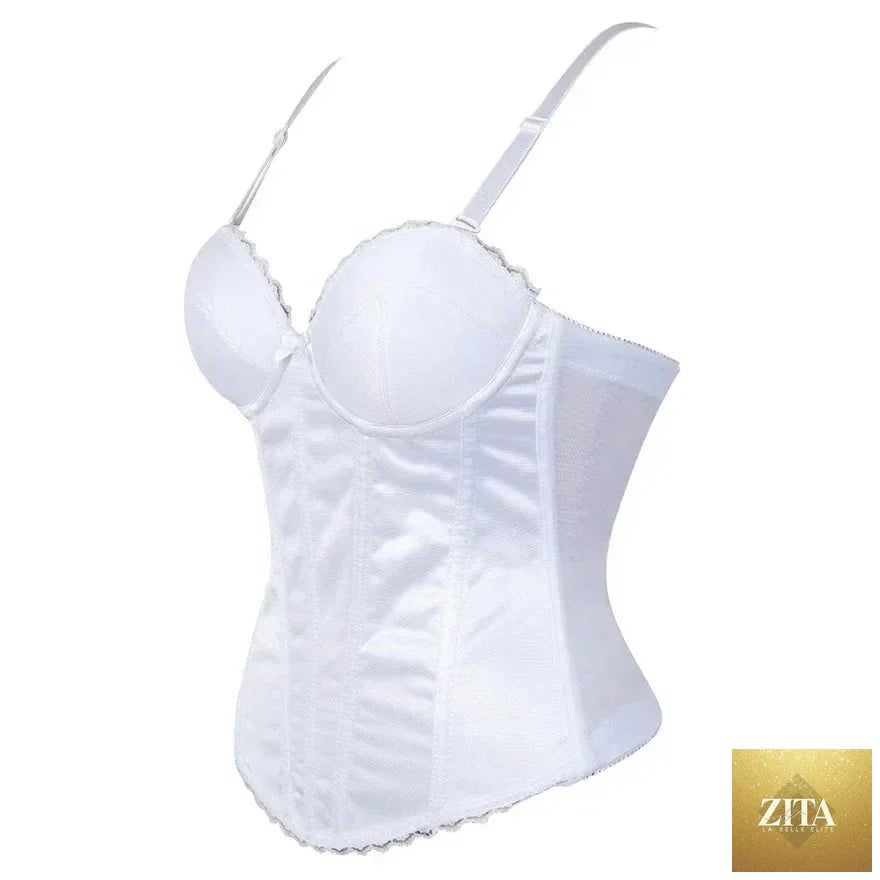 Black and white Femstylo overbust corset top with adjustable straps, cotton bustier body shaper lingerie for wedding or special occasions