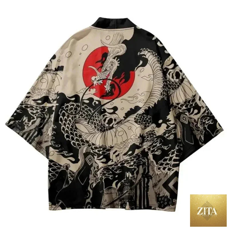 Japanese style anime dragon print haori yukata from FitiqueFit, featuring vibrant dragon artwork and traditional streetwear design.