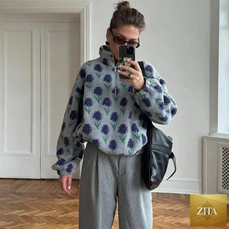 LadyShow.Store women's fleece printing sweatshirt with half-zip, loose turtleneck design, ideal for winter leisure and comfort.
