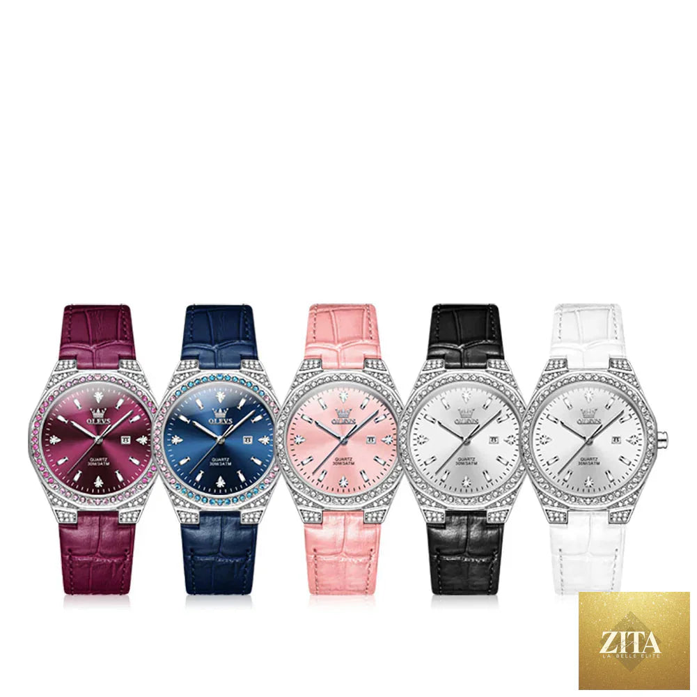 Women's Rose Gold Luxury Leather Strap Watch with Crystal Bezel by BandsCo Straps, showcasing elegant design and polished finish.