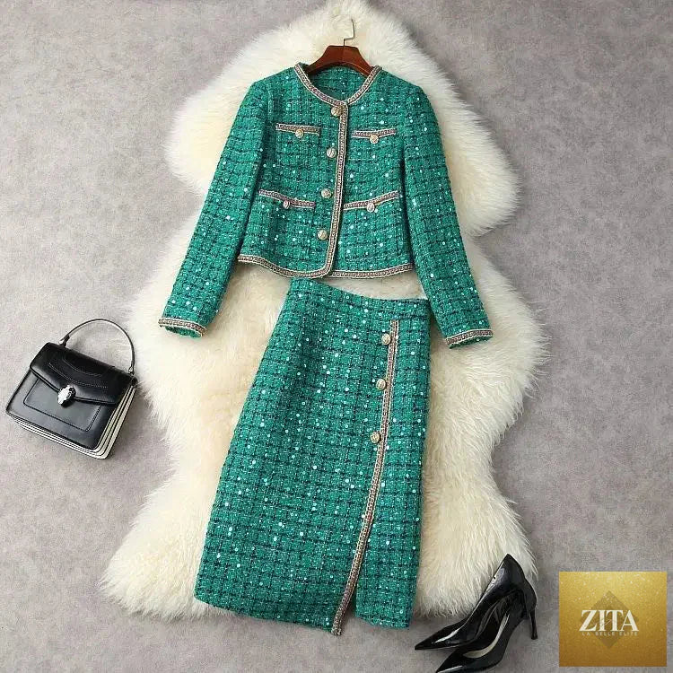 Women elegant winter tweed suit jacket and skirt set, featuring a fragrant, stylish design with tailored fit and classic detailing.