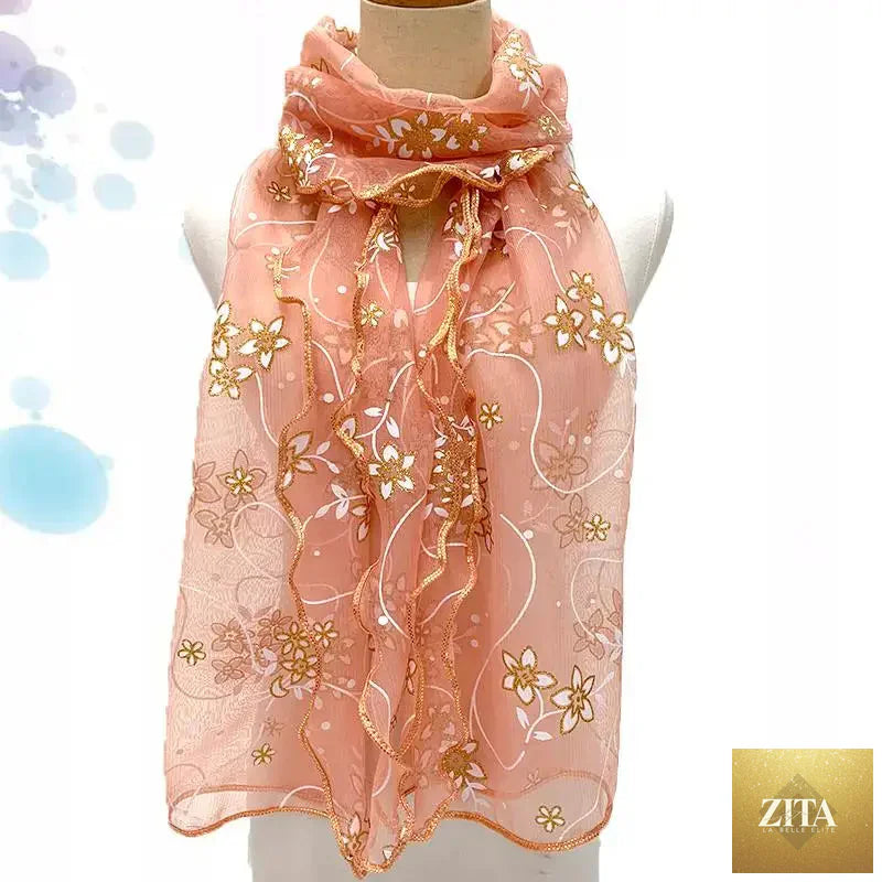 Lightweight lace silk women’s scarf with elegant printed design, versatile neckerchief or shawl wrap, by Trendy Attic Store01.