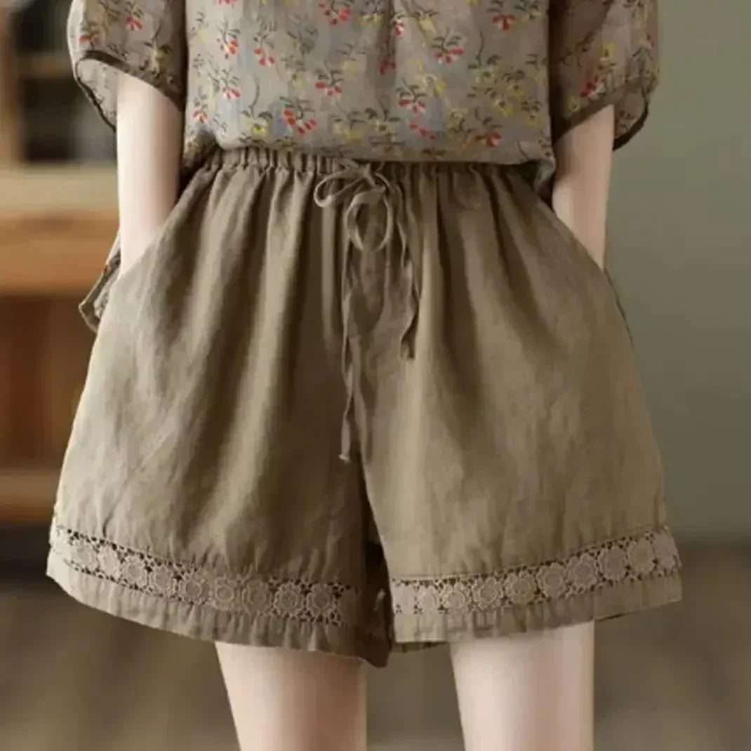 Femstylo cotton linen vintage high-waist shorts with tie-belt, embroidery, and casual straight fit in lightweight fabric.