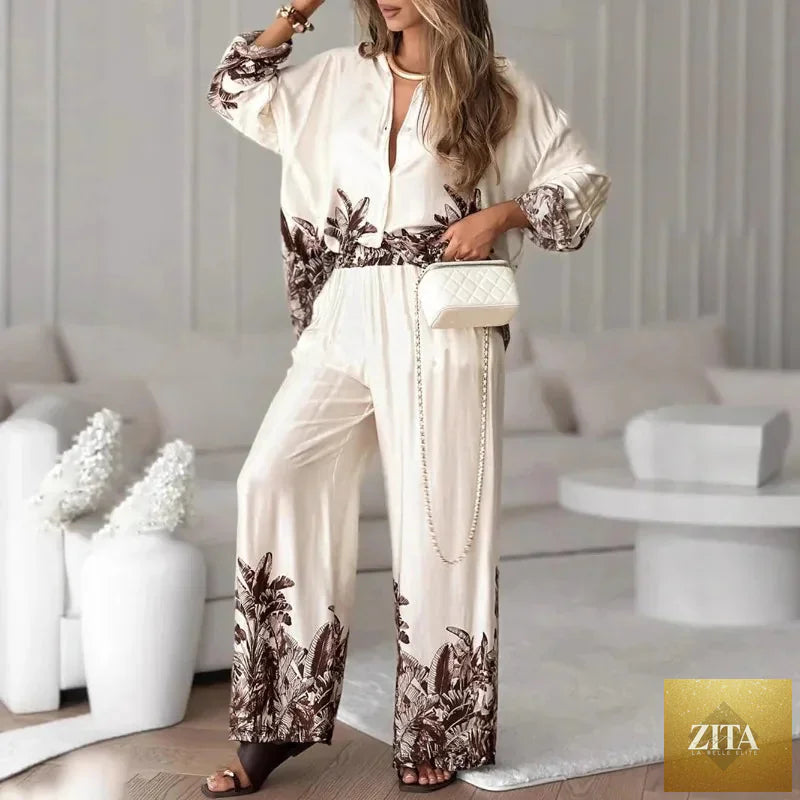 Elegant Women Loose Two Piece Set Chic Floral Print Long Sleeve Shirt Wide Leg Pants Set Bohemian Outfits Loungewear Pajamas Set