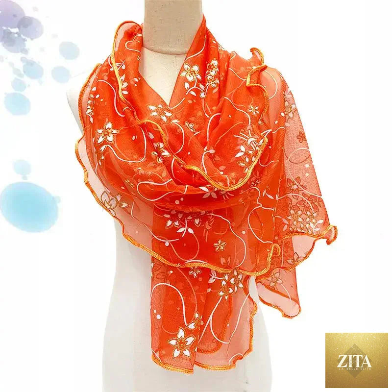 Lightweight women lace scarf with elegant printed silk design, versatile neckerchief or shawl wrap, from Trendy Attic Store01.