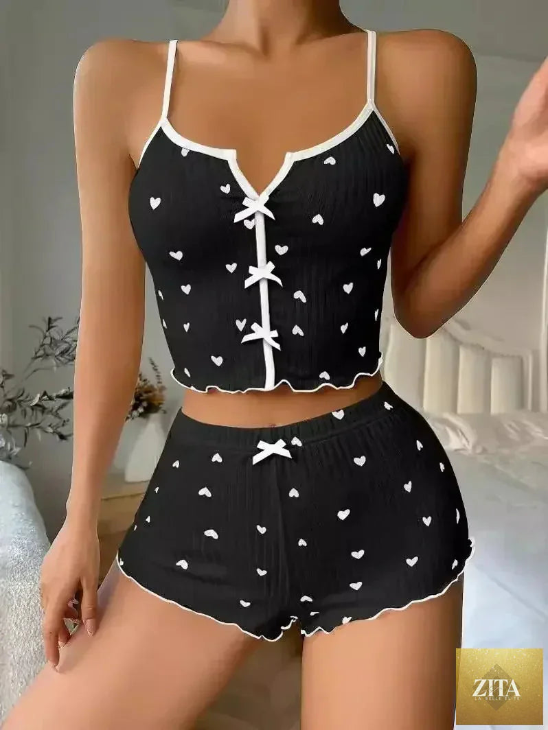 Sexy Sleepwear Women Pajamas Set Heart Print Silk Stain V-Neck Sleeveless Casual Cami Top and Shorts Sets Home Suit Loungewear