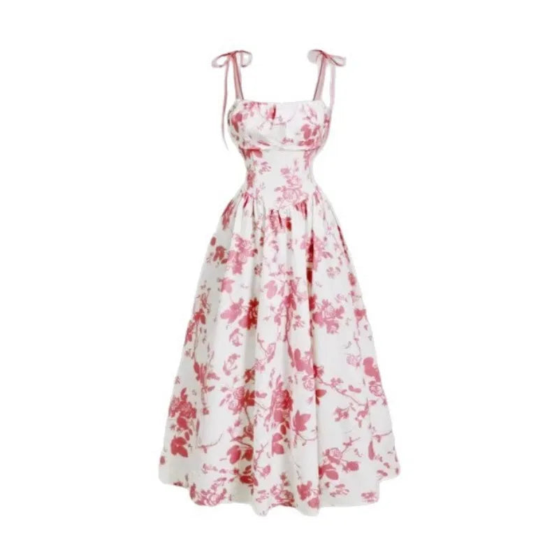 Women's Floral Slip Dress French Vintage High Waist Casual Sundress