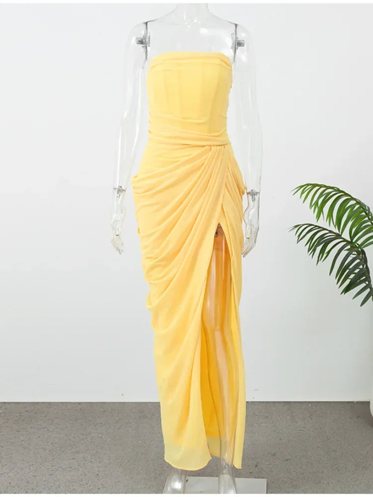 Solid pleated strapless women's dress by FLIPSTYLEZLLC featuring a backless, off-shoulder design with high waist and side slit for summer evenings.