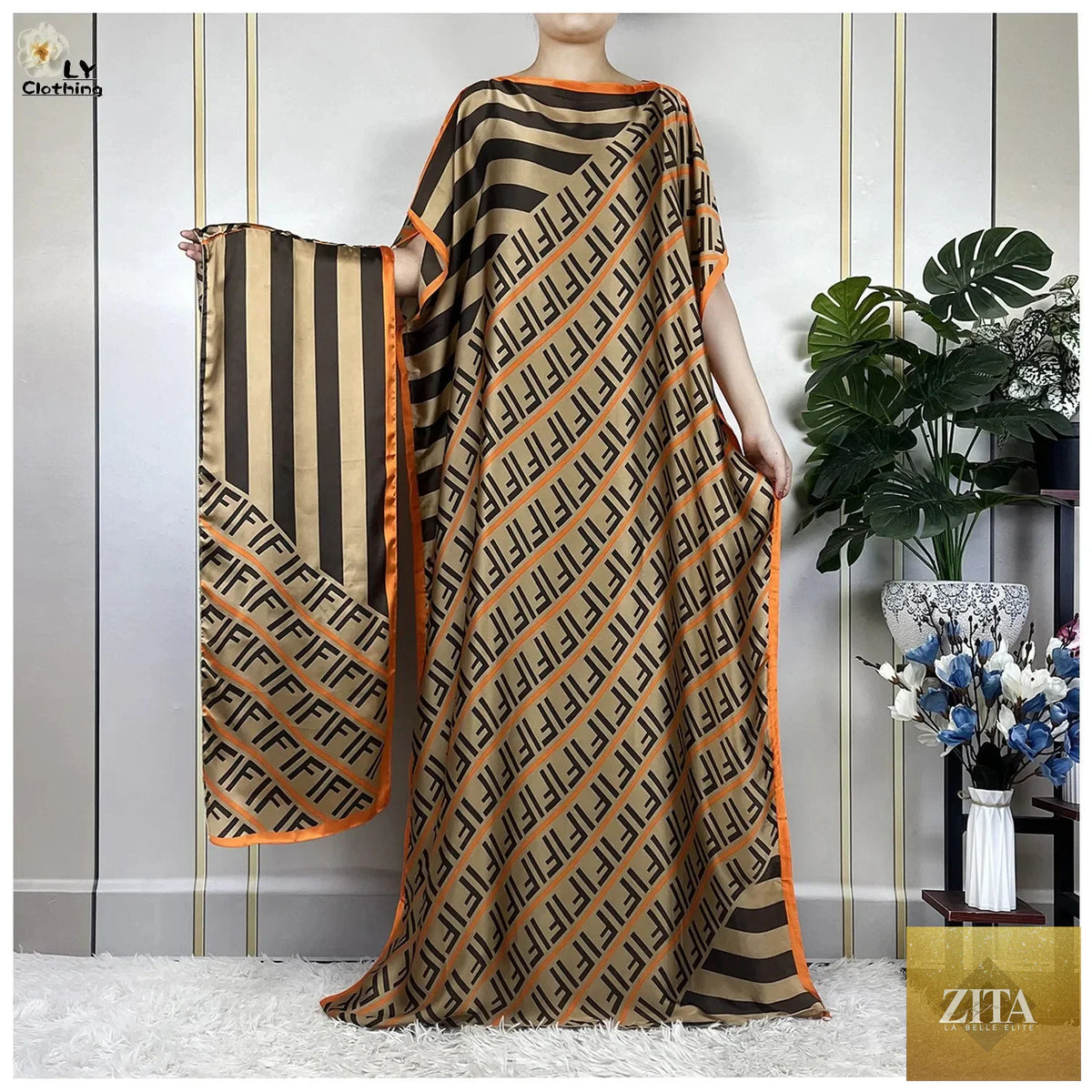 Women’s printed silk maxi summer dress with belt and turban, loose fit, soft and elegant for summer parties by SMinvite.