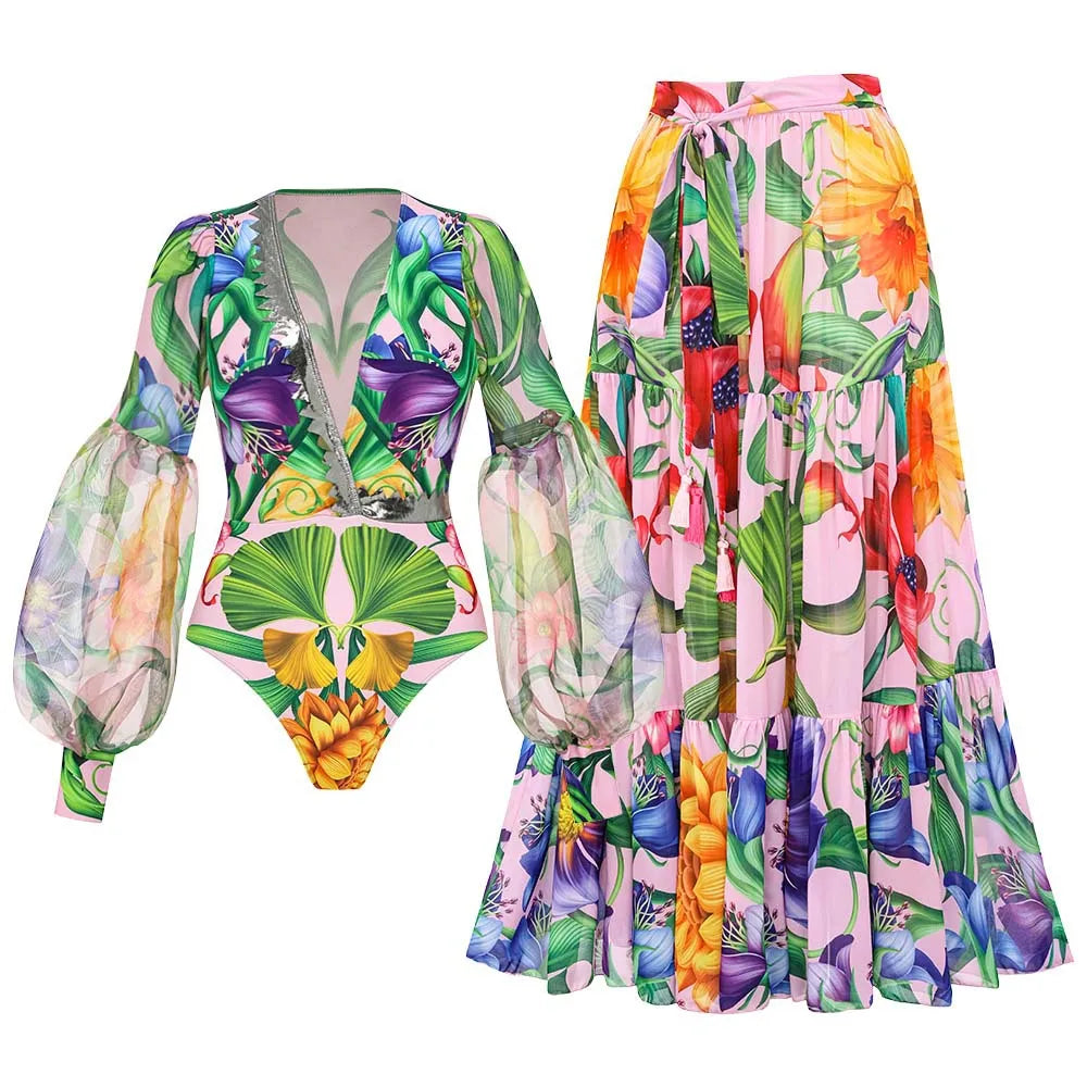 Swimwear 2PC Cover-up Swimsuit Ruffle Printed Deep V One-piece Kimono Bikini Suit