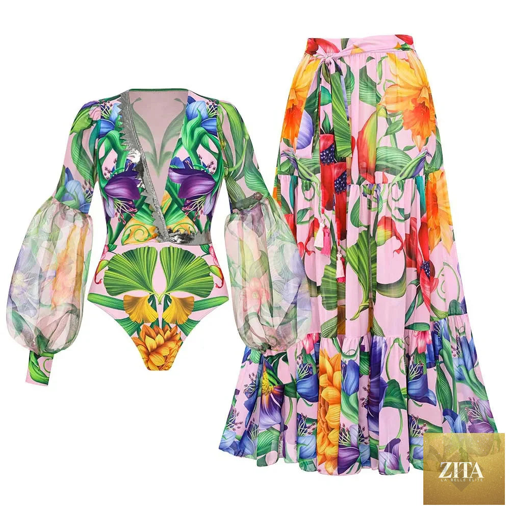 SMinvite 2PC cover-up swimsuit with ruffle print, deep V neckline, and kimono-style design, perfect for beach and poolside wear.