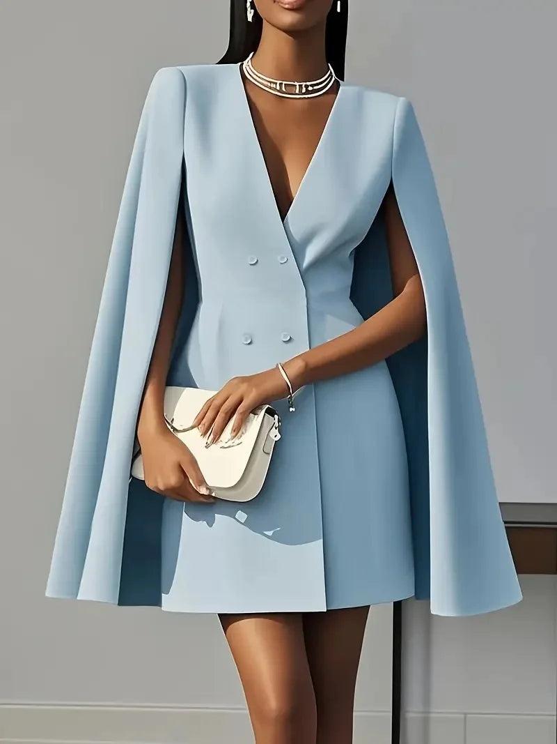 Women Midi Fashion Solid Blazers Dress Double Breasted Waist Party Dress Elegant V-neck Shawl Cape Sleeve