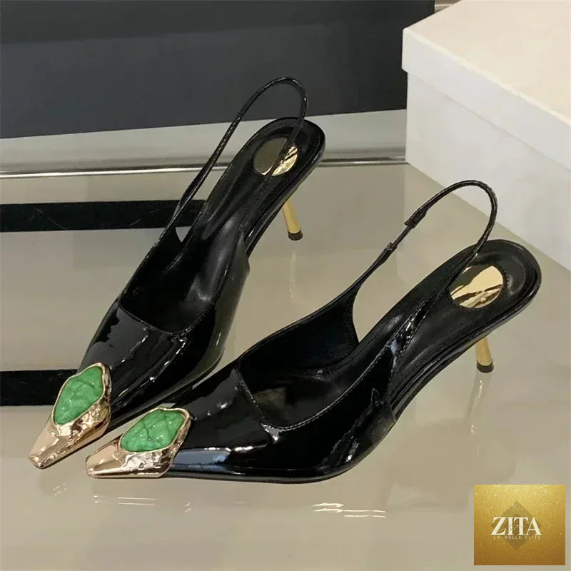 Elegant LadyShow.Store metal square head women’s pumps sandals with low heels, stylish banquets and slingback design.