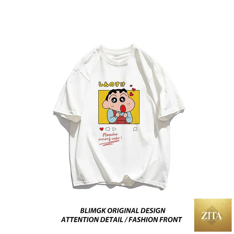 Crayon Shin-chan "Beloved Woman" cotton streetwear T-shirt by Zita La Belle Elite, featuring playful anime character design.