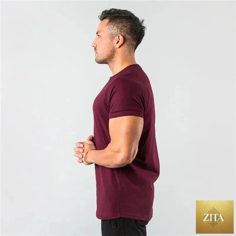 Mandotos men's casual short sleeve T-shirt, slim fit gym fitness top with muscle fit design, ideal for streetwear and summer workouts.