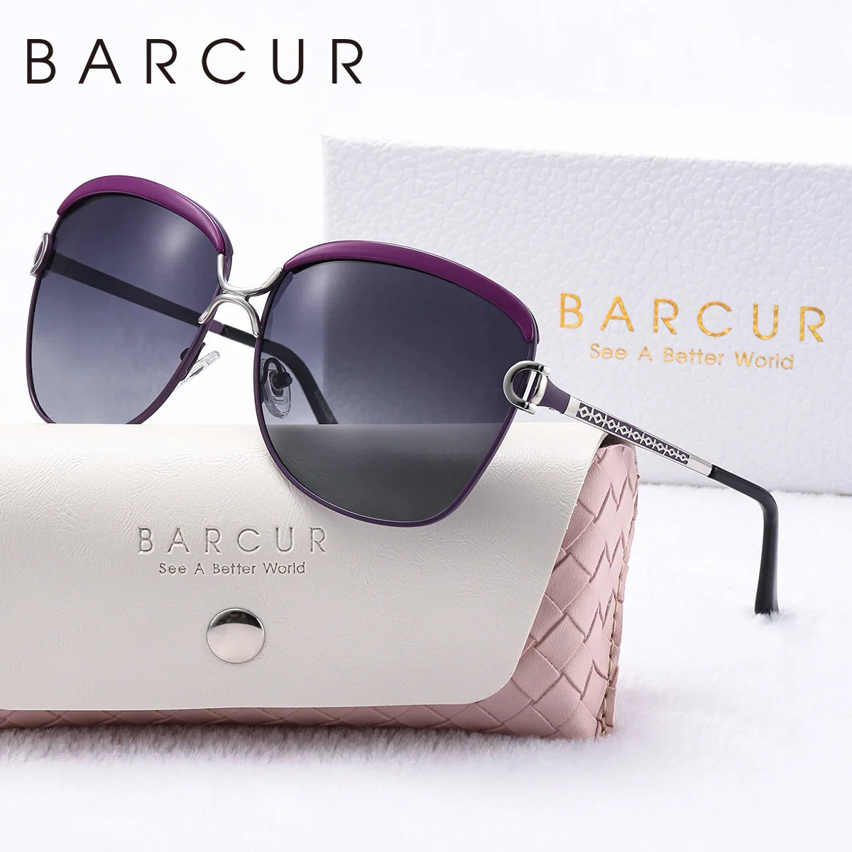 Stevvex BARCUR women’s fashion polarized square sunglasses with metal frame, UV400 protection, multi-color options, in a white gift box.