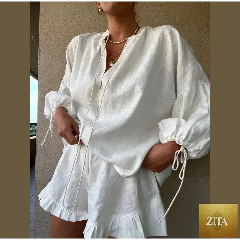 Women's solid cotton linen ruffle shorts suit with V-neck long sleeves and drawstring, featuring a loose 2-piece set design.