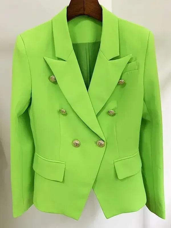 Women's leather blazer by Femstylo, stylish double-breasted jacket with metal lion buttons, available in sizes S to 5XL.