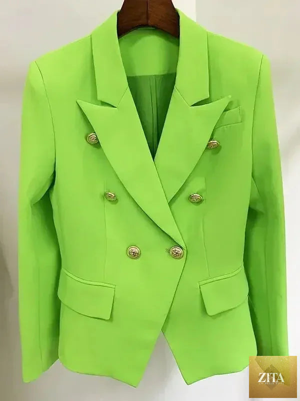 Women's leather blazer by Femstylo, stylish double-breasted jacket with metal lion buttons, available in sizes S to 5XL.