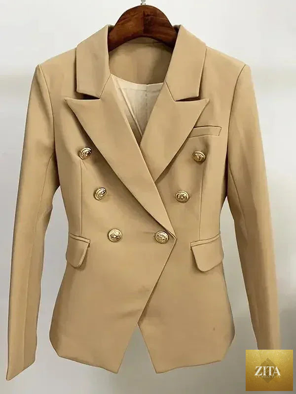 Women’s leather blazer by Femstylo featuring double-breasted design with metal lion buttons, stylish outerwear in size S-5XL.
