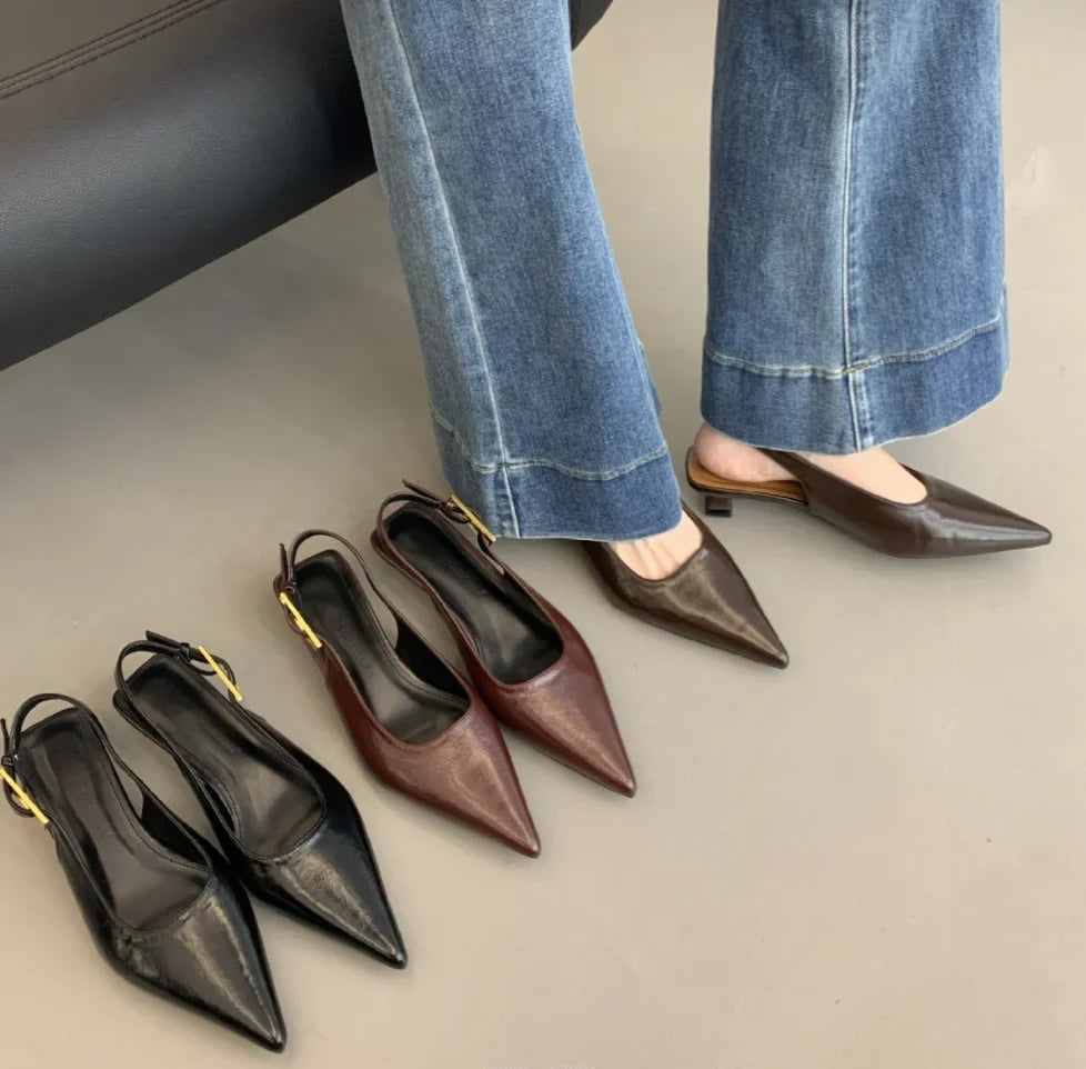 LadyShow.Store women's summer slip-on sandals with pointed toes, thin heels, and elegant slingback design for dressy occasions.