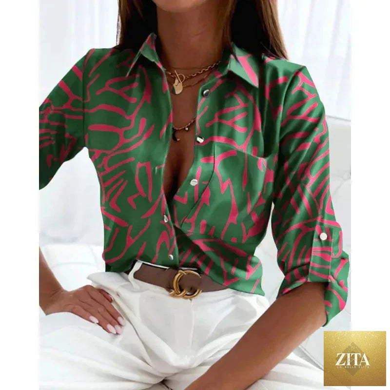 Women's printed long-sleeve lapel shirt by FitiqueFit, casual elegant blouse with a stylish pattern and classic collar.