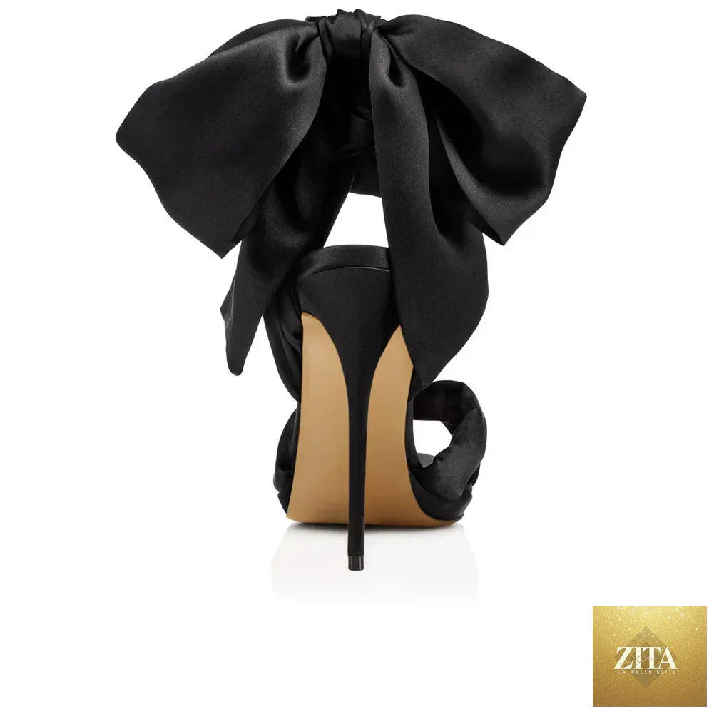 Summer satin bow cross-band open-toe women sandals with thin high heels, featuring a stylish and sexy design.
