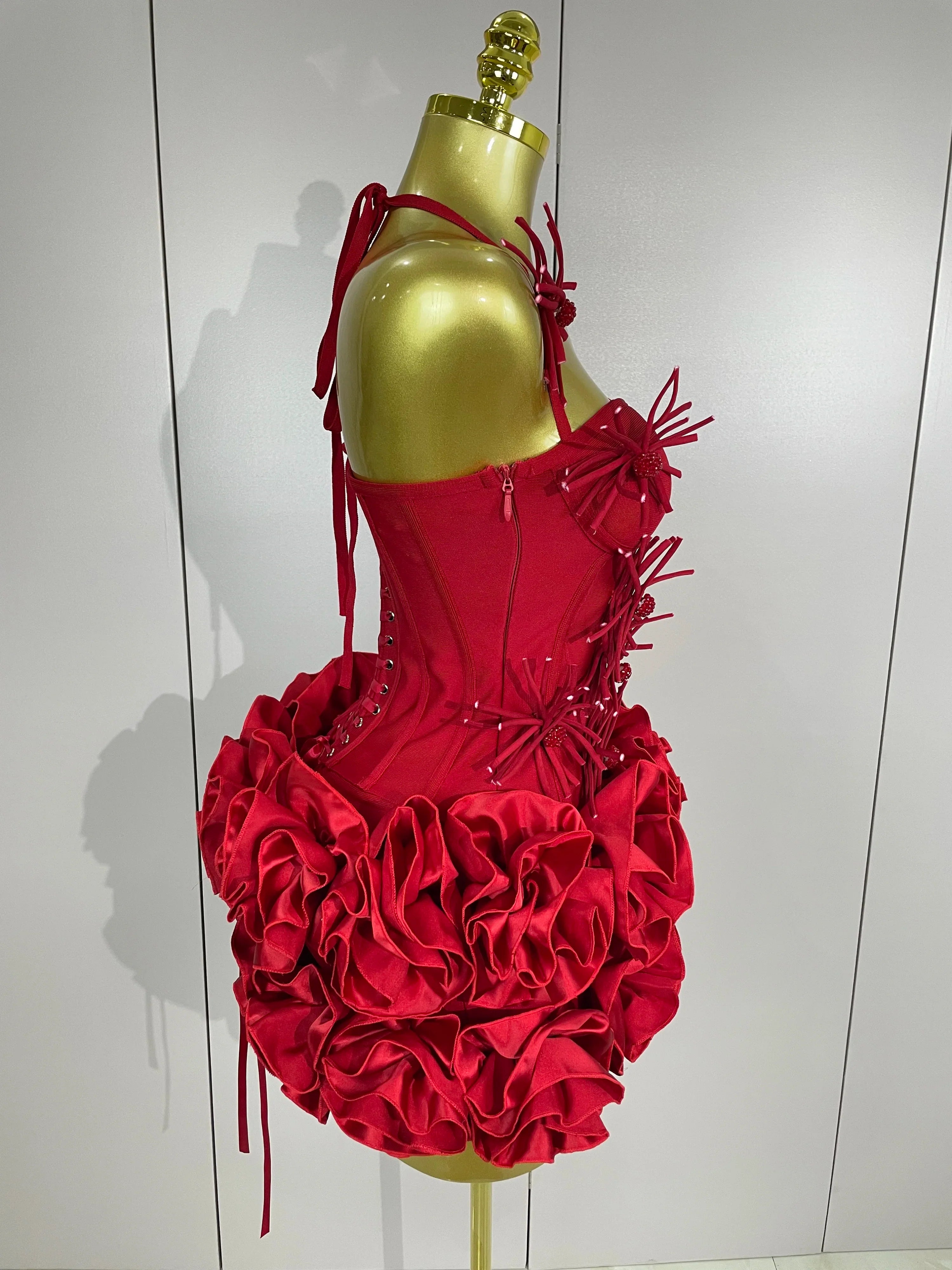 Elegant red and black bandage two-piece prom gown and cocktail outfit for women, featuring a sexy halter design by FLIPSTYLEZLLC.