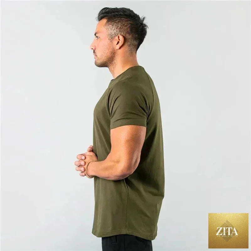 Mandotos men's casual short sleeve T-shirt with slim fit design, perfect for gym, fitness, and streetwear styles.