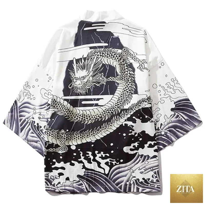 Summer Japanese style anime dragon print haori yukata streetwear by FitiqueFit, featuring a vibrant dragon design on lightweight fabric.