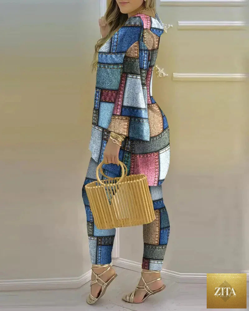 Women’s long sleeve V-neck two-piece set with printed polyester fabric, stylish casual outfit by Trendy Attic Store01.